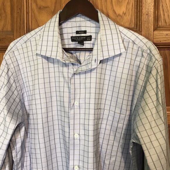 Pronto Uomo Button Up Blue Dress Shirt Non-iron Cotton Men's 17.5 Sleeve 34/35 - Picture 1 of 9
